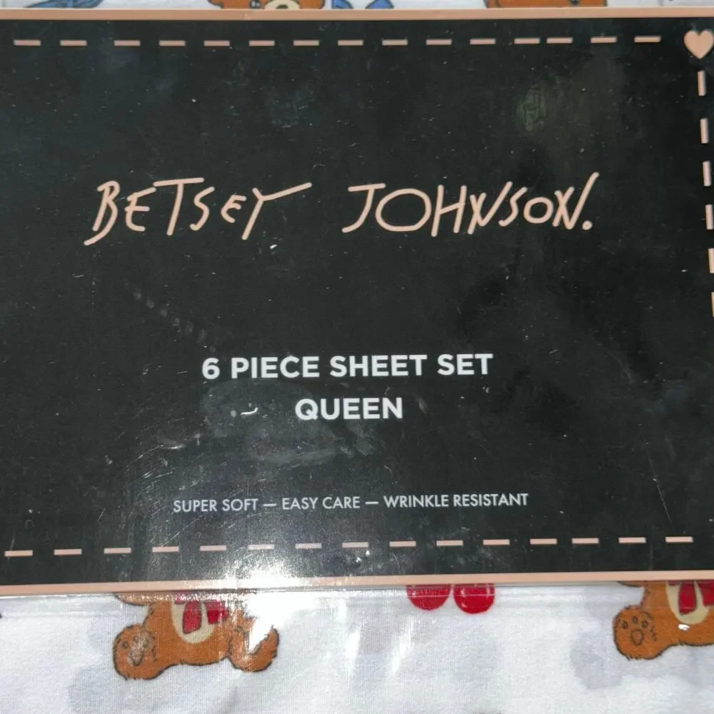 Betsey Johnson White Teddy Bear & Red Cherry Queen Sheet Set